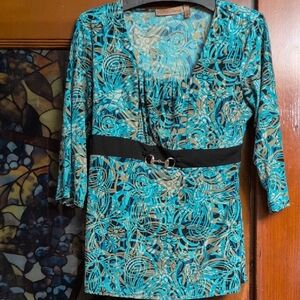 Notations Turquoise and Black Swirl Blouse